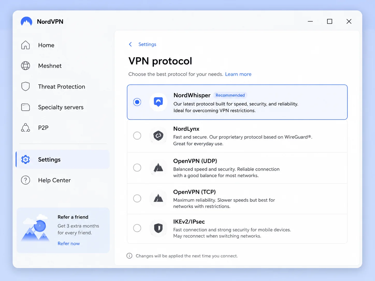 NordVPN protocol settings showing NordWhisper, NordLynx, OpenVPN and IKEv2 options