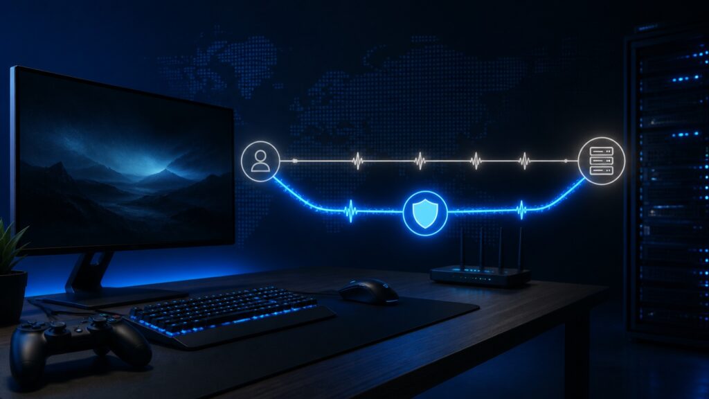 Best VPN for gaming comparison shown with a secure console and PC setup