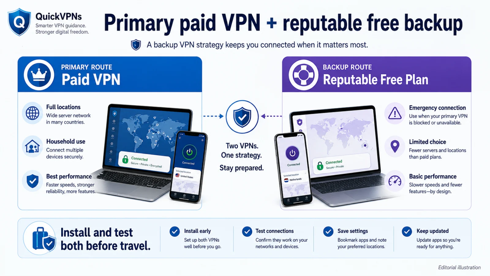 Paid primary VPN with a reputable free backup plan