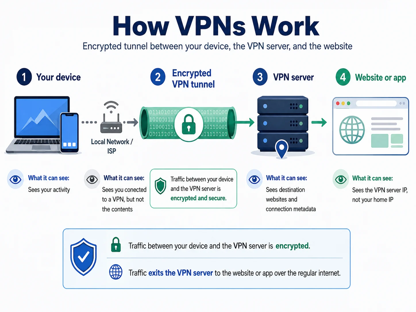 How VPNs Work: Encryption, Servers and IPs Explained 1 How VPNs work: encrypted tunnel between device, VPN server and website