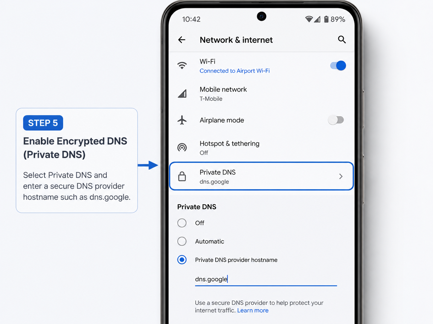 How to Stay Safe on Public Wi-Fi in 2026 (No Fear-Mongering) 3 Android Private DNS settings using an encrypted DNS provider hostname
