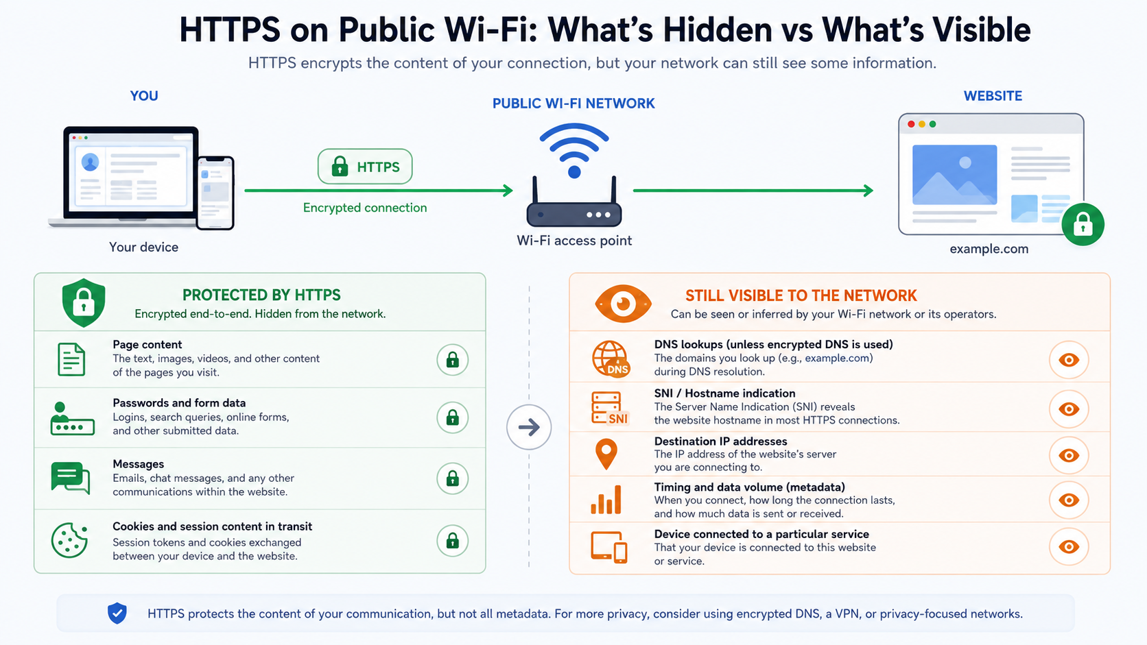 How to Stay Safe on Public Wi-Fi in 2026 (No Fear-Mongering) 1 Diagram showing what HTTPS hides and what remains visible on public Wi-Fi