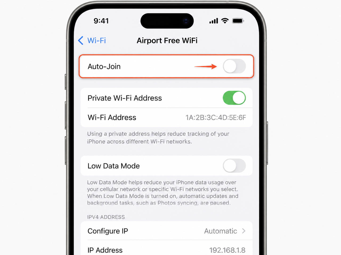 How to Stay Safe on Public Wi-Fi in 2026 (No Fear-Mongering) 2 iPhone Wi-Fi settings with Auto-Join disabled for an airport network