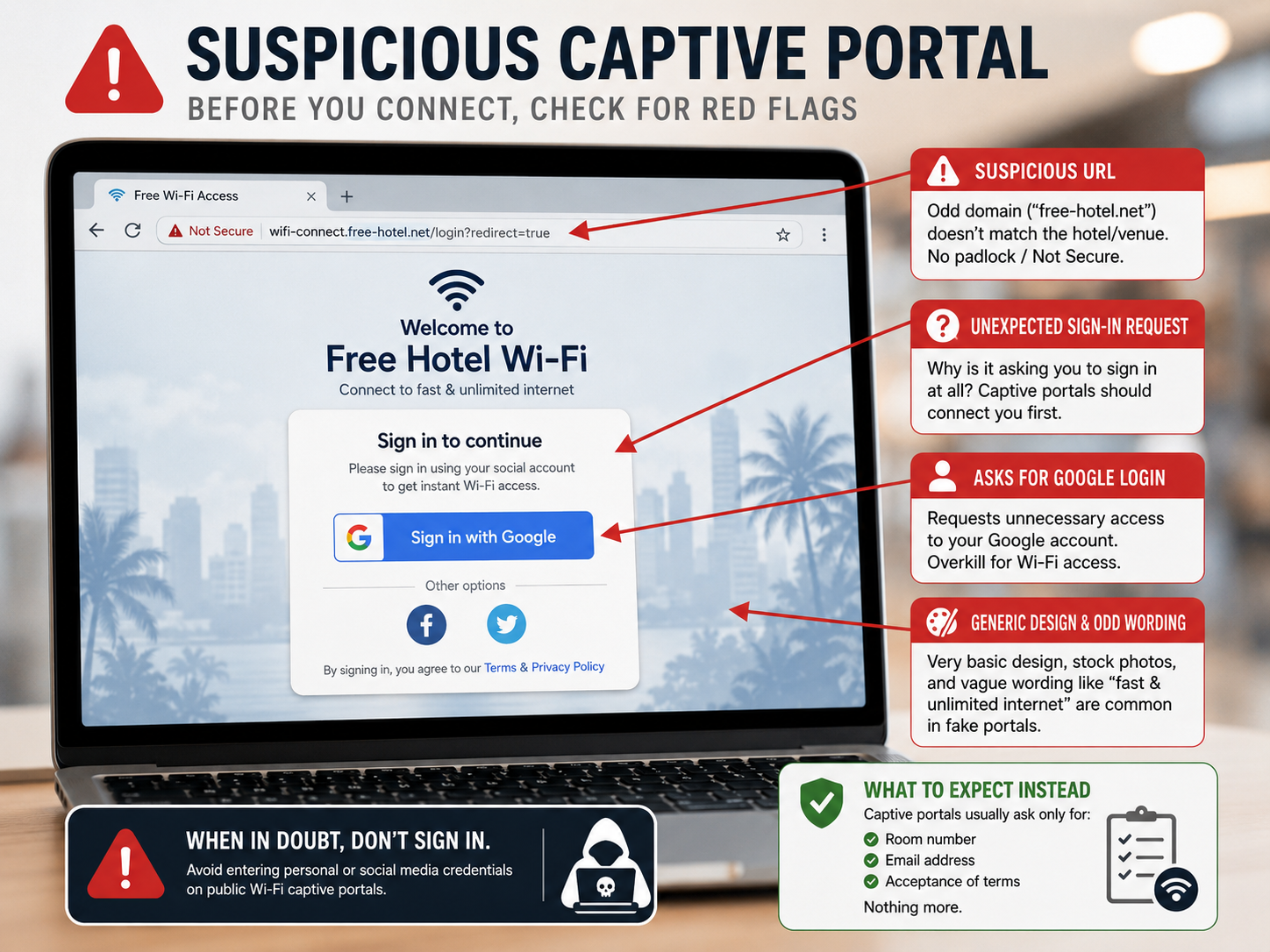 How to Stay Safe on Public Wi-Fi in 2026 (No Fear-Mongering) 4 Annotated suspicious public Wi-Fi captive portal showing phishing warning signs