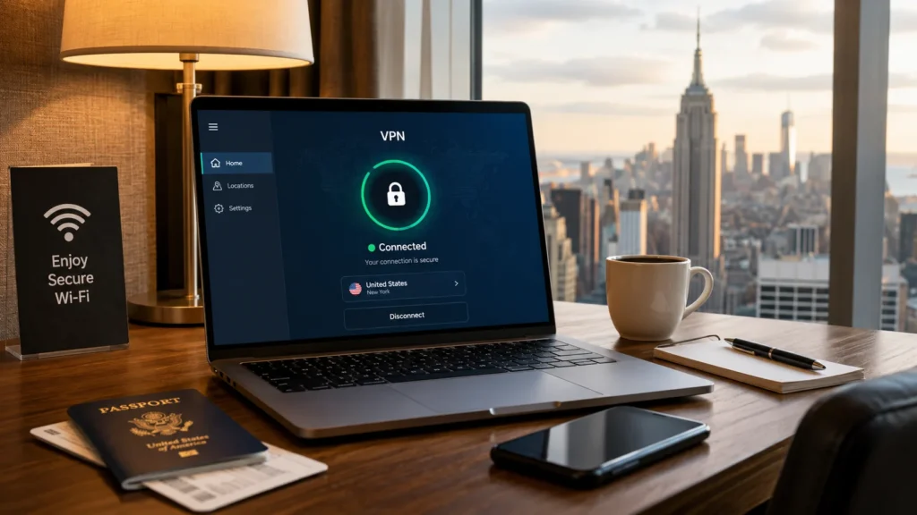 Best VPN for travel connected on a laptop in a hotel room