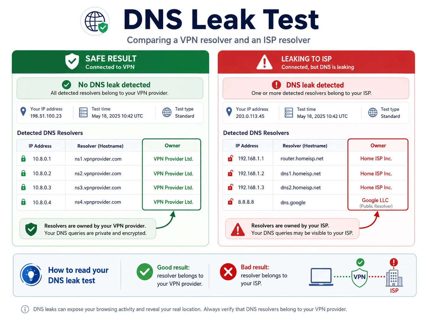 How VPNs Work: Encryption, Servers and IPs Explained 4 DNS leak test comparing VPN resolver and ISP resolver