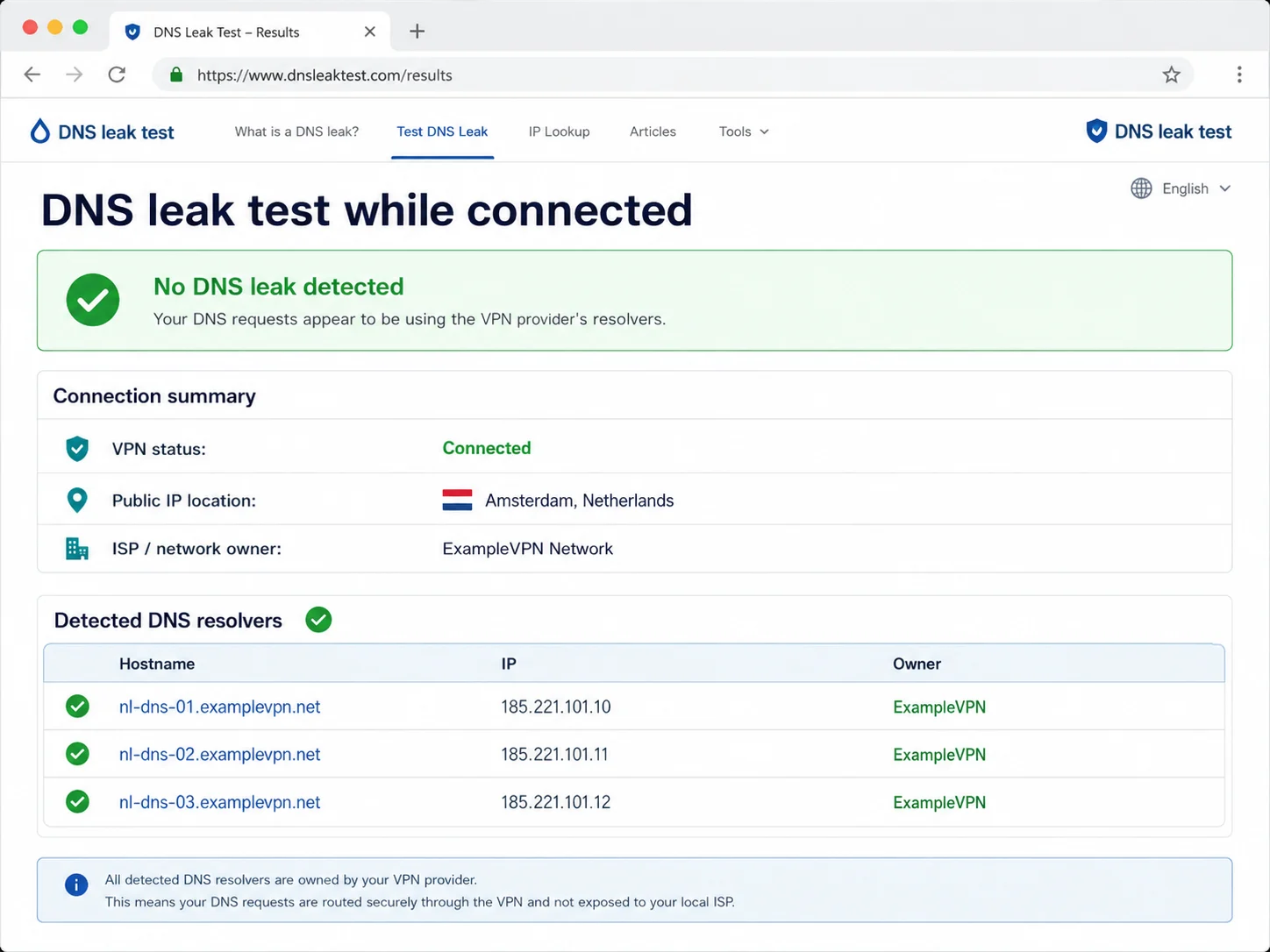 DNS leak test showing VPN resolver instead of ISP