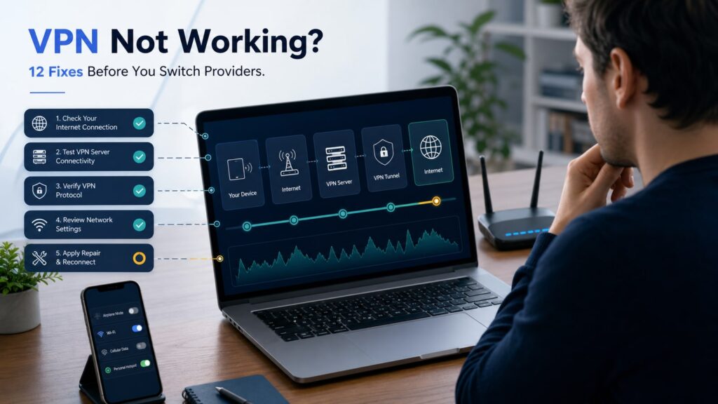 VPN not working troubleshooting guide for connection DNS app device and network fixes