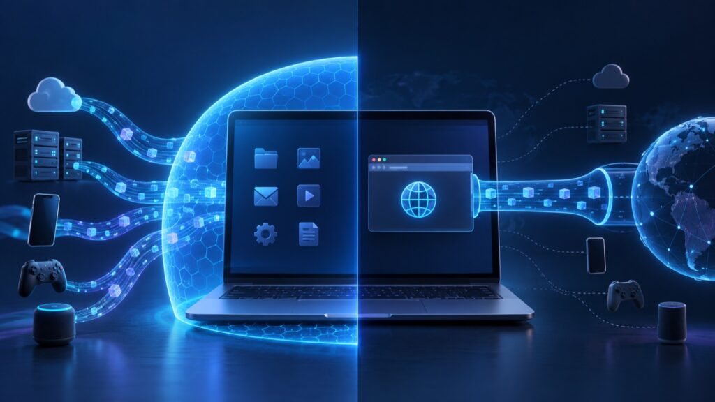 VPN vs proxy traffic-scope comparison on a laptop with device-wide and browser-only routes
