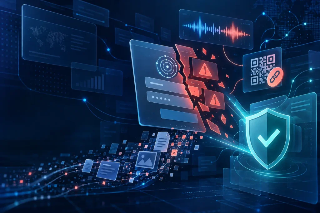 AI scams 2026: phishing alerts and a fake login panel beside a glowing blue digital shield